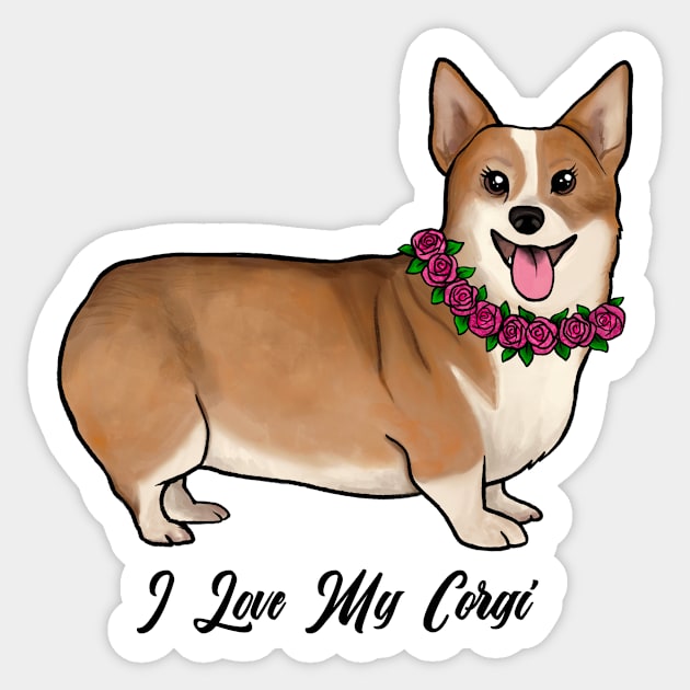 I Love My Corgi Dog With Rose Necklace Sticker by Ashley D Wilson